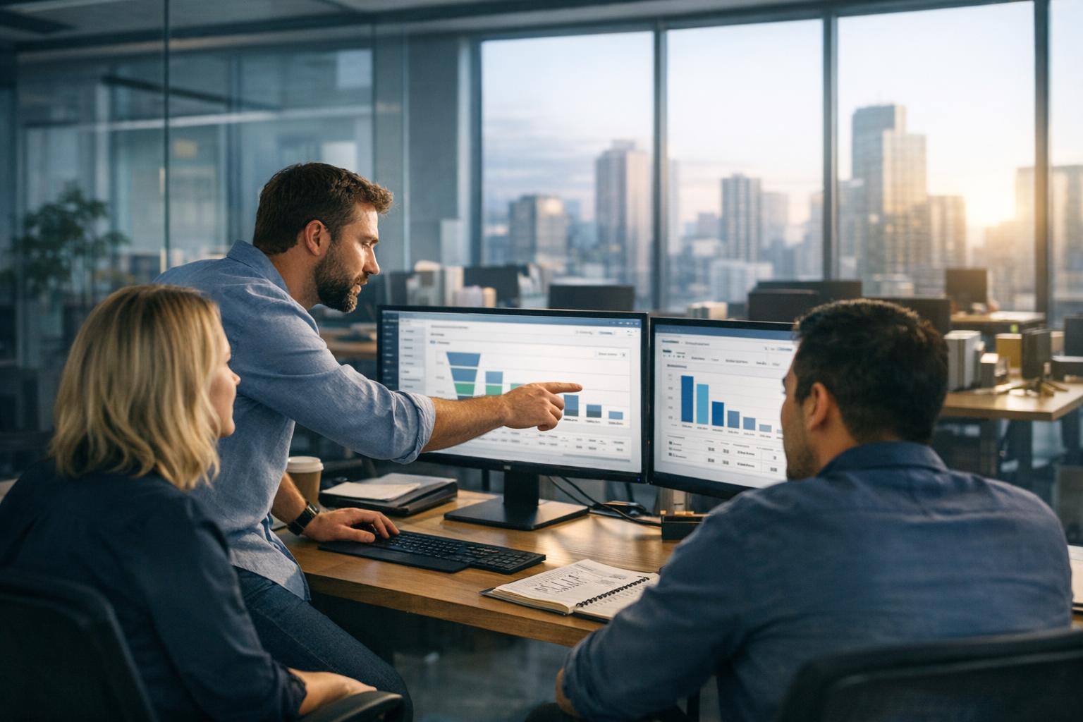 Business team reviewing LinkedIn ads for B2B campaign strategy on laptop
