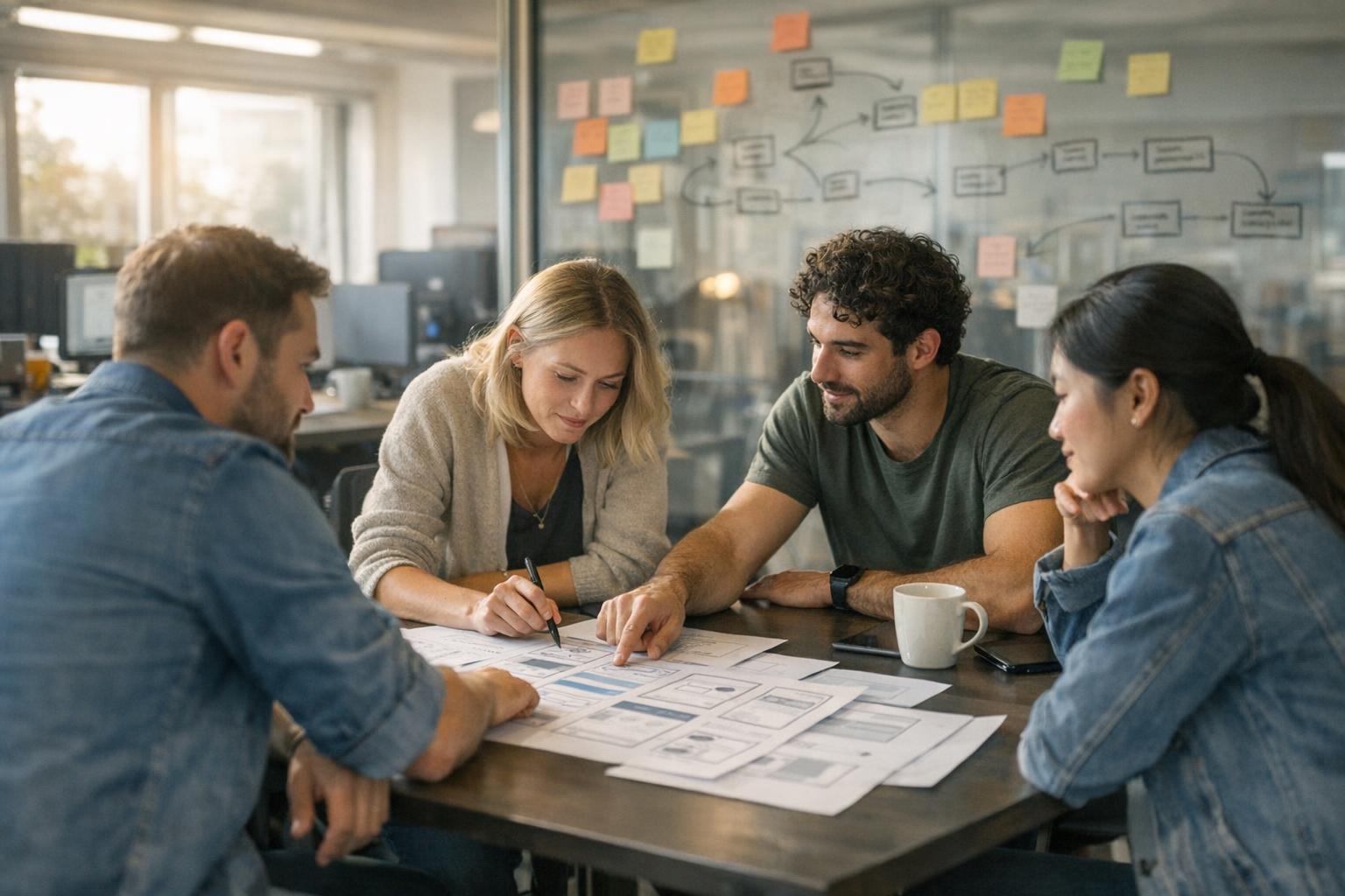 A custom website development company reviewing design options for a small business owner