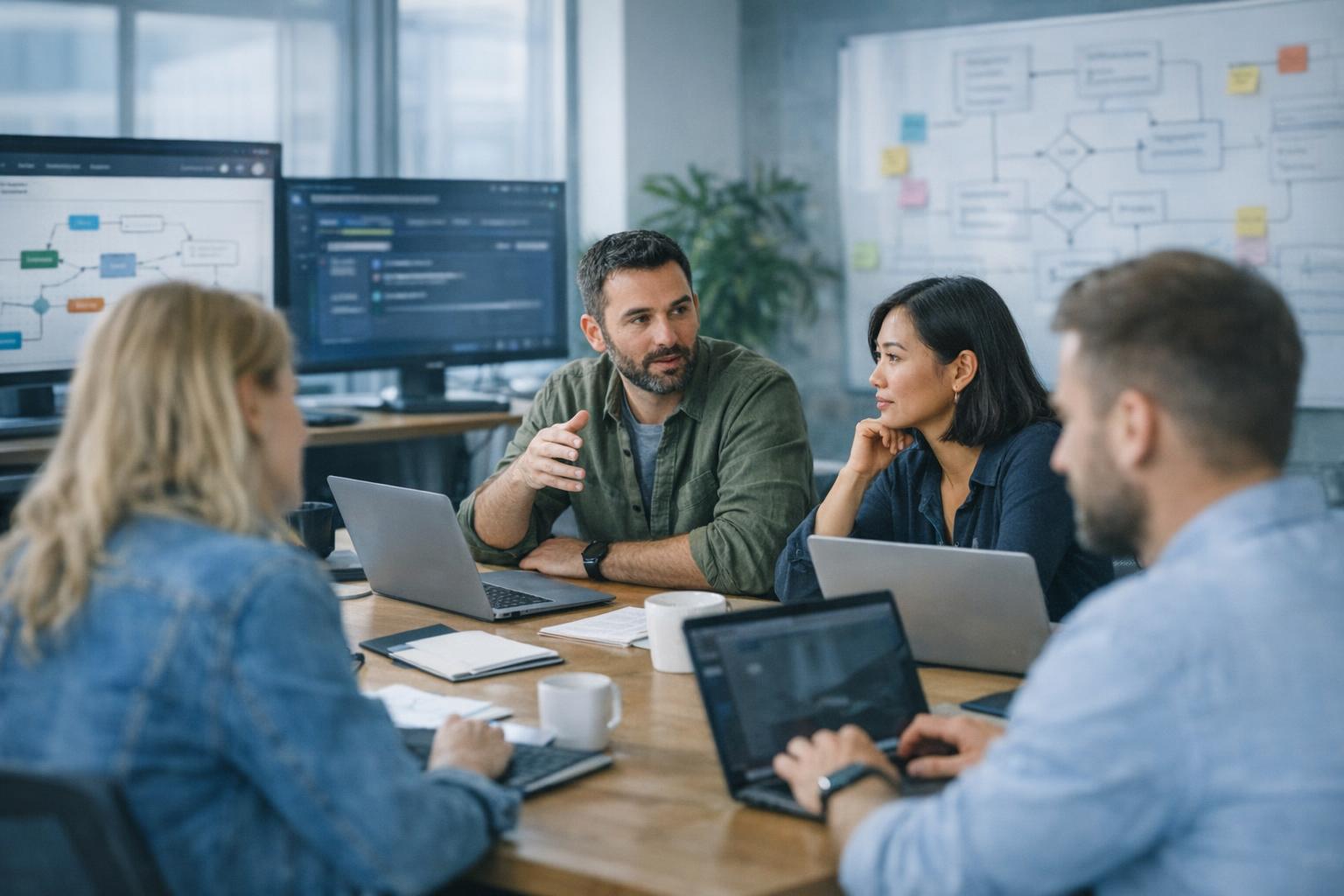A marketing automation agency team reviewing both custom automation code and off-the-shelf marketing software options on laptops