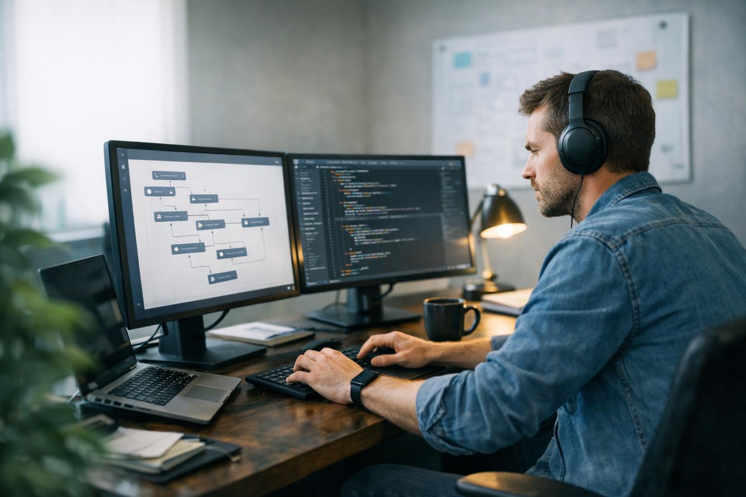 A marketing automation agency consultant demonstrating a SmartBot custom WhatsApp automation versus a standard SaaS tool for a small business owner