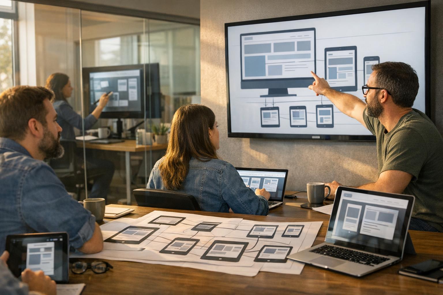 A designer reviews a corporate website design layout on multiple devices to ensure it adapts to different screen sizes