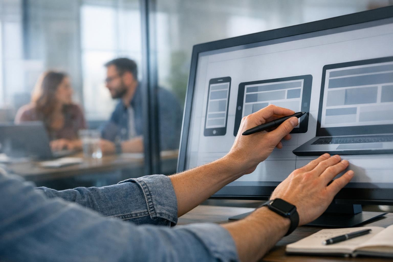 A small business owner tests their corporate website design on a smartphone and tablet to confirm smooth performance across devices