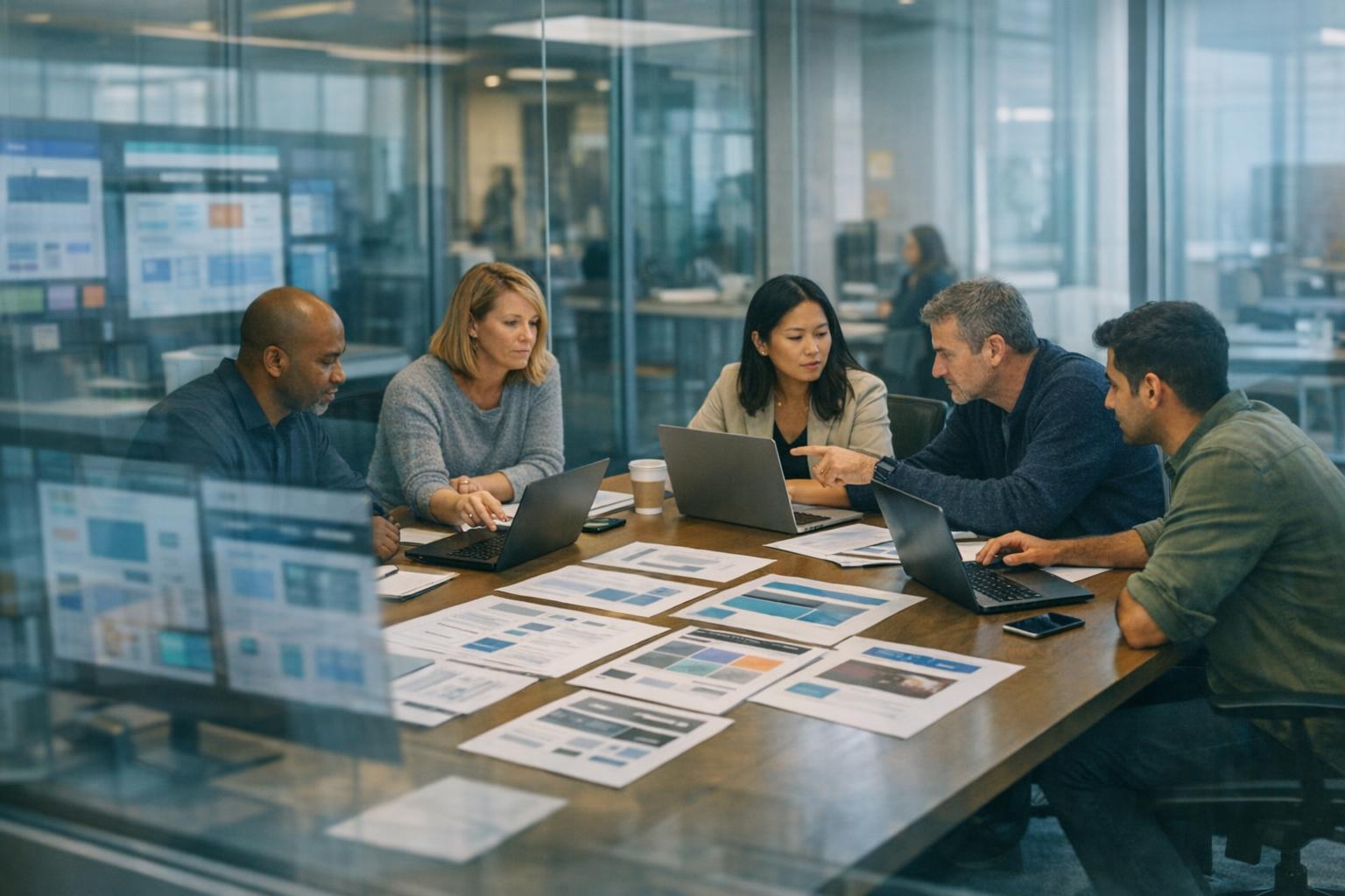A small business owner reviews options for corporate website design on a laptop, comparing custom builds and template-based sites