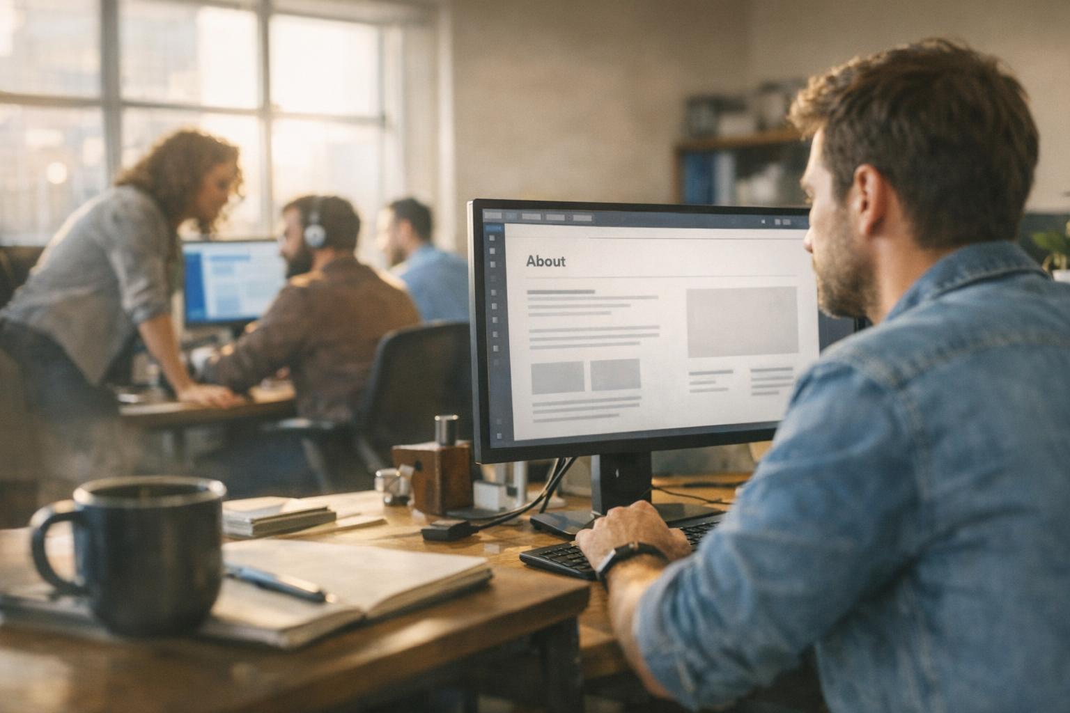 Business owner reviewing marketing case studies on a laptop for trust-building insights