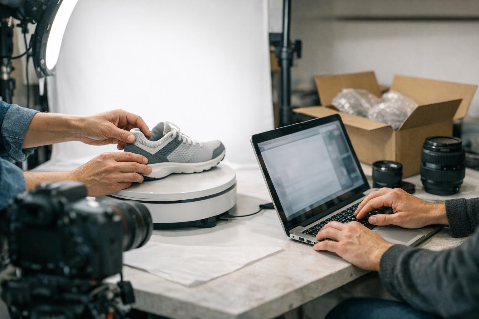 A team reviewing ecommerce SEO services with product descriptions displayed on screen to improve search performance