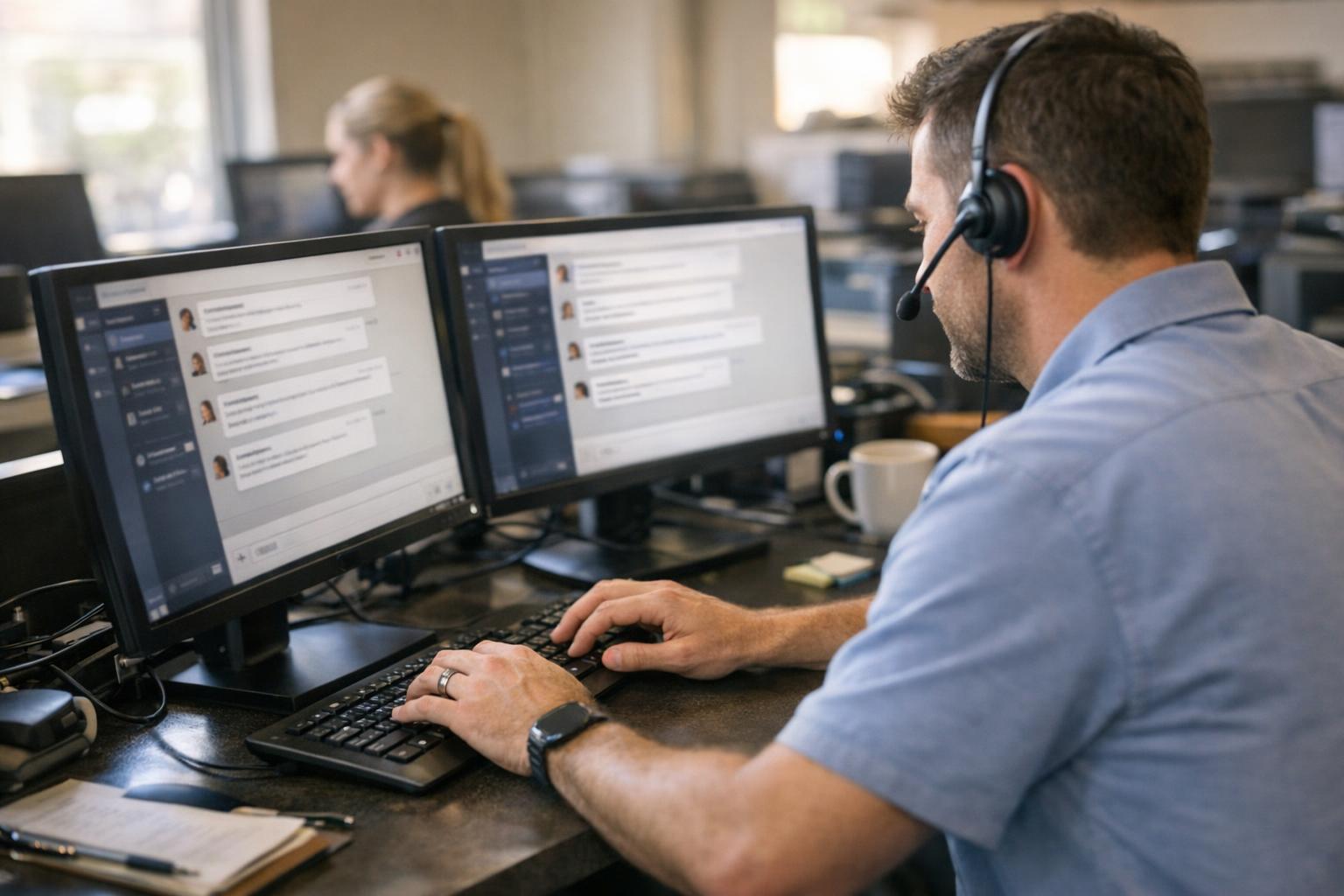 Customer interacting with an AI chatbot for business on a mobile phone, receiving instant support while the business owner focuses on other tasks