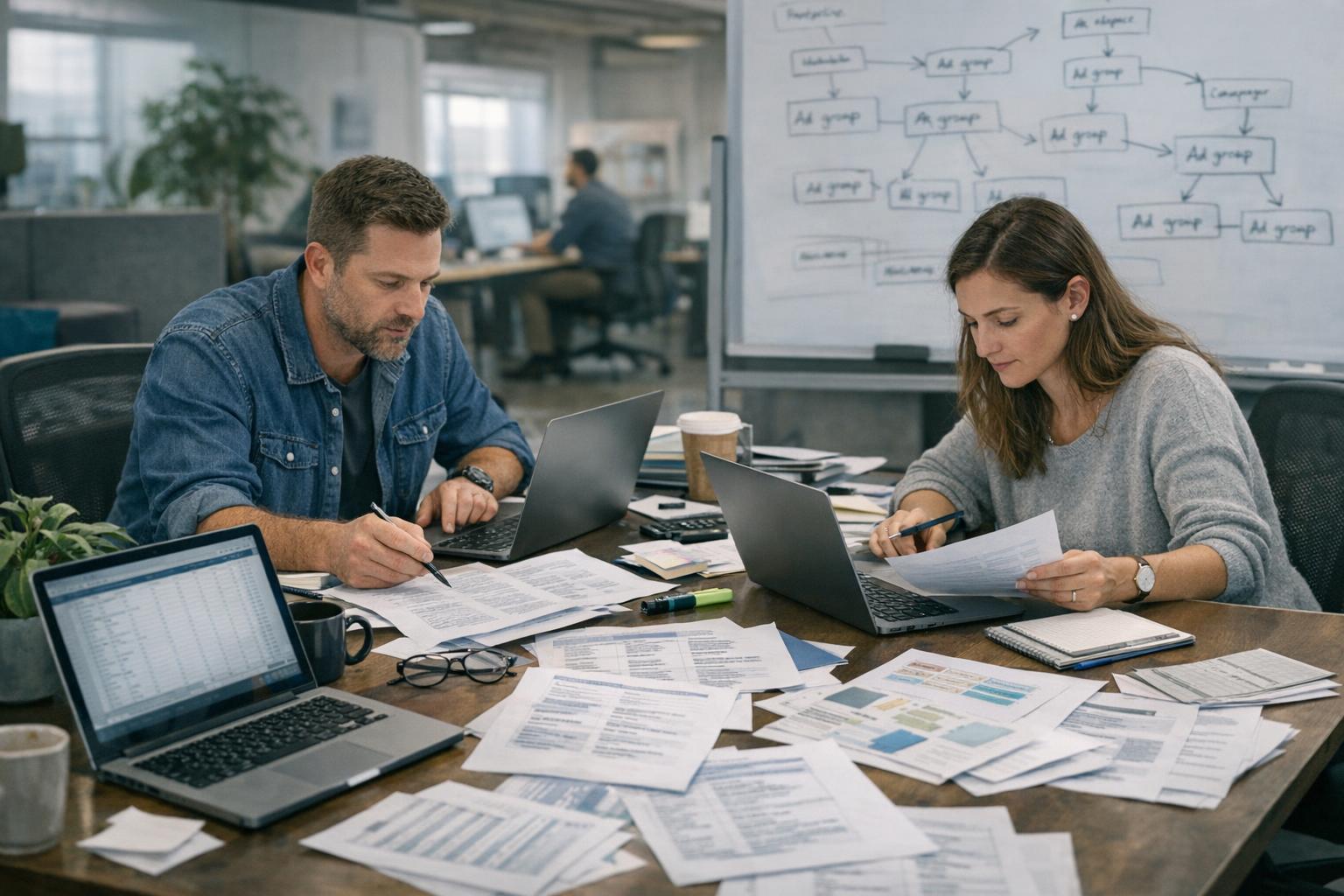 A small business owner reviews PPC management services data on a laptop, focusing on ad group keyword relevance