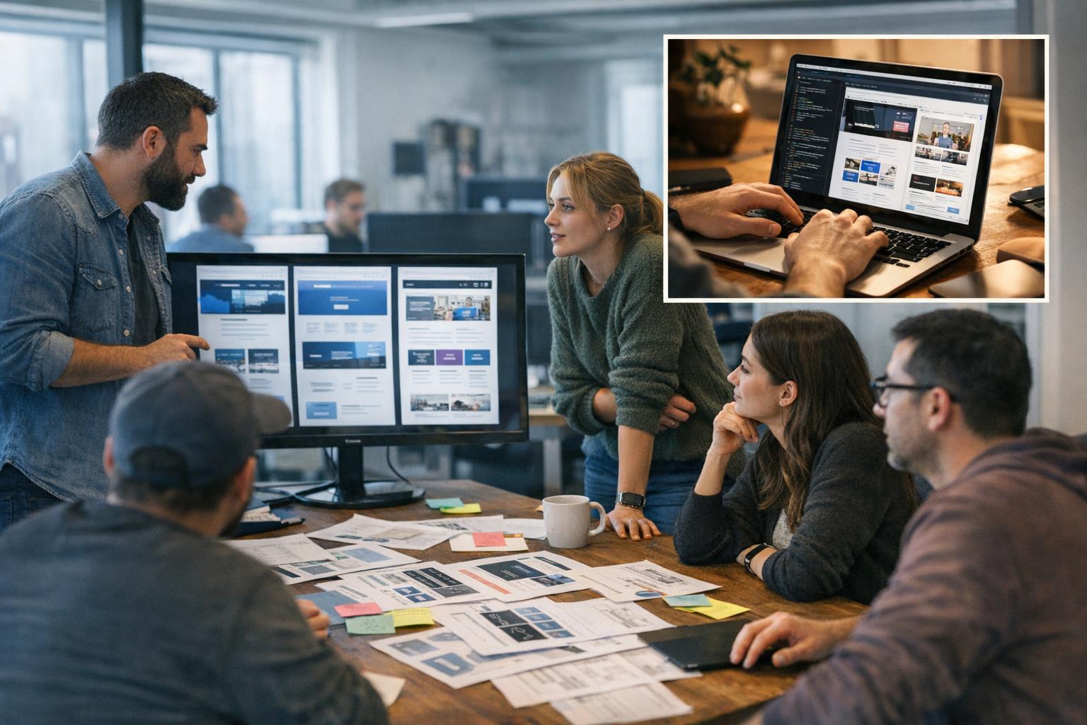 A custom website development company team reviewing design options for a small business website project
