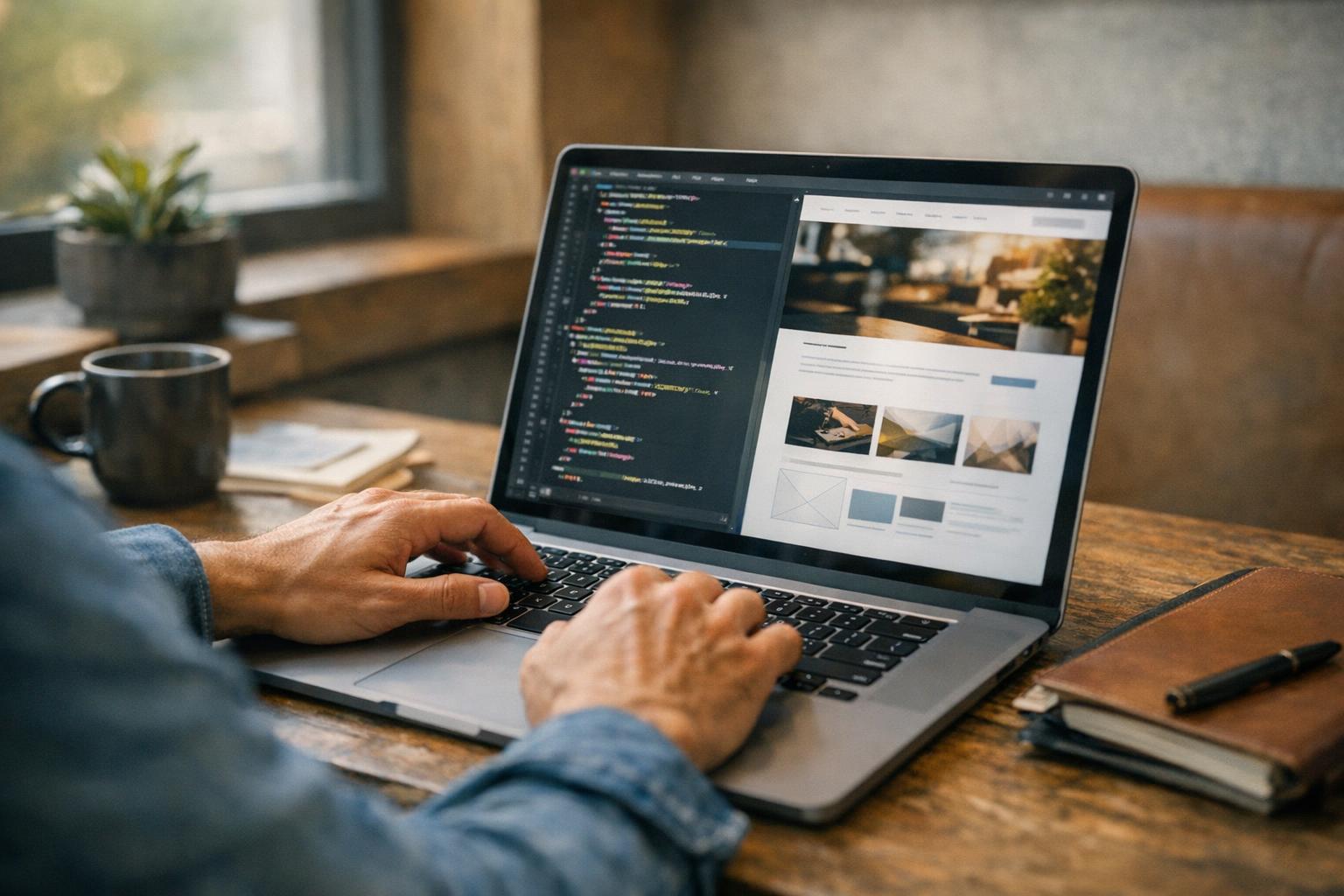 A custom website development company reviewing a template-based website for potential improvements