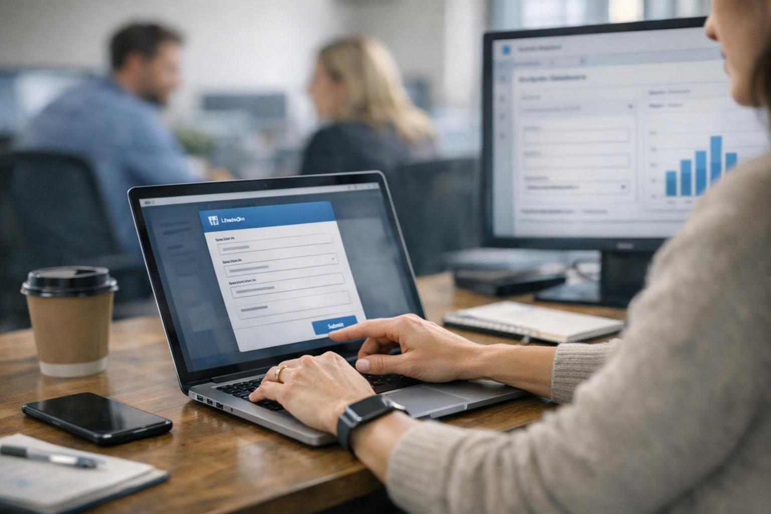 A small business team at a LinkedIn lead generation agency discussing lead gen form results compared to website landing page conversions